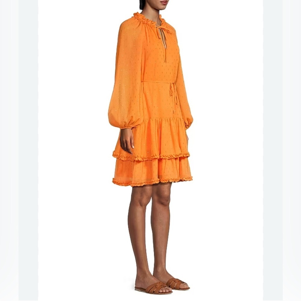 Kobi Halperin Orange Tiered Long-Sleeve V-Neck Sophia Dress M NWT